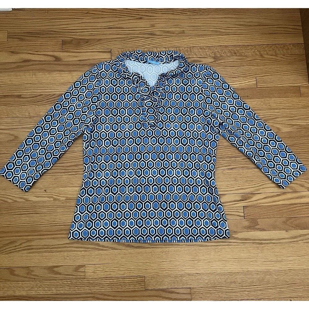 J. McLaughlin Durham Ruffle Neck Top Women Sz M Blue White 3/4 Sleeve Geometric